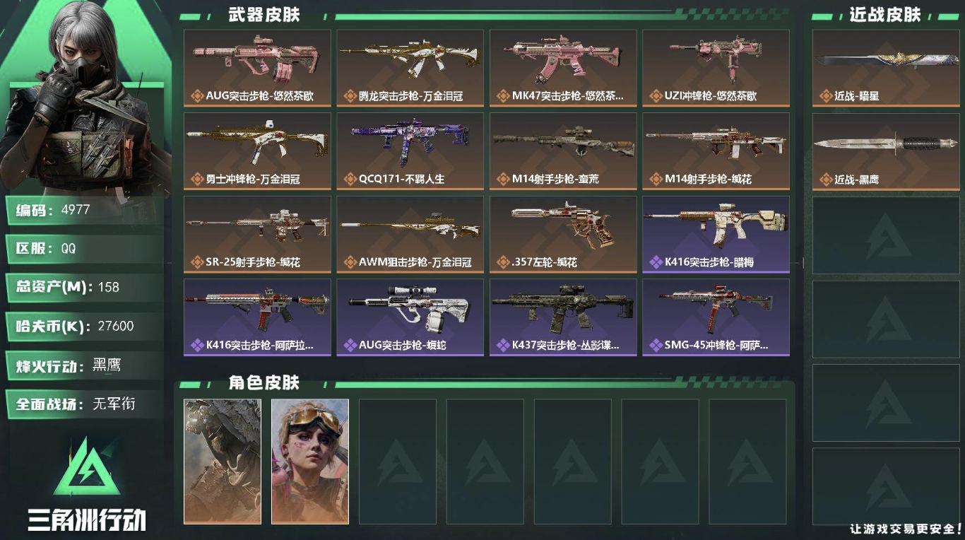 【SCO76000】 | 烽火地带段位:无段位 | 战场等级:0 | 行动等级:0 | 通行证等级:0 | 总资产:158M | 现有哈夫币:27600W | 黑鹰